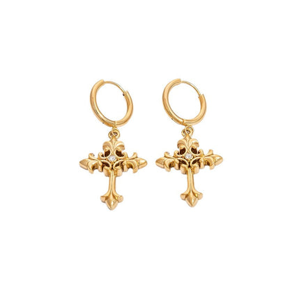 Gold Hollow Cross Earrings with Zircon Stones