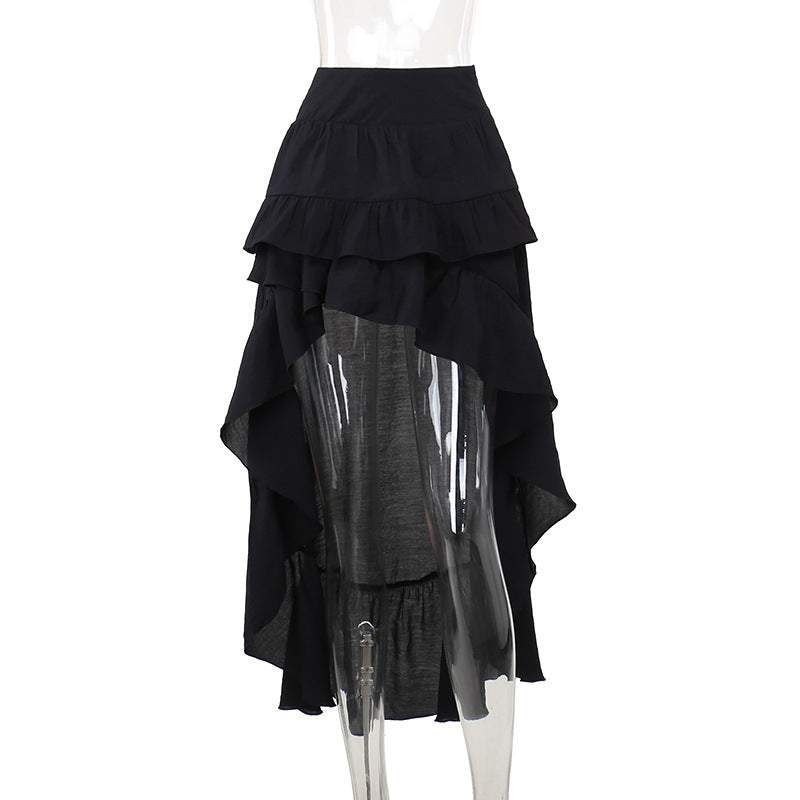 Summer Casual Black Ruffle Hem Midi Skirt
