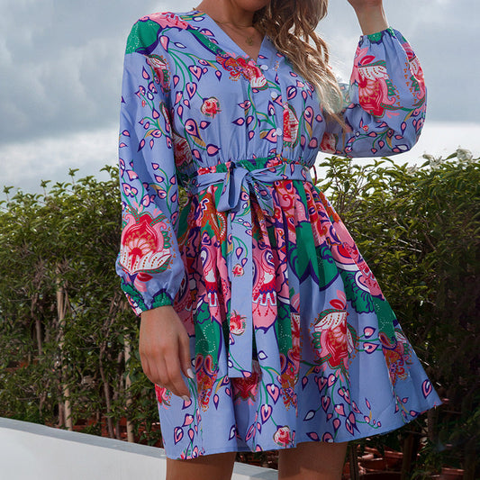 V-Neck Three-Tone Print Midi Skirt With Nipped-In Waist Swing Dress