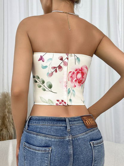 Sexy Floral Print Backless Wrap Top