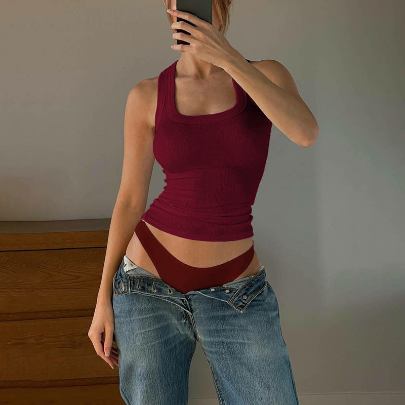 Solid Color Fitted Crop Top with U-Neck