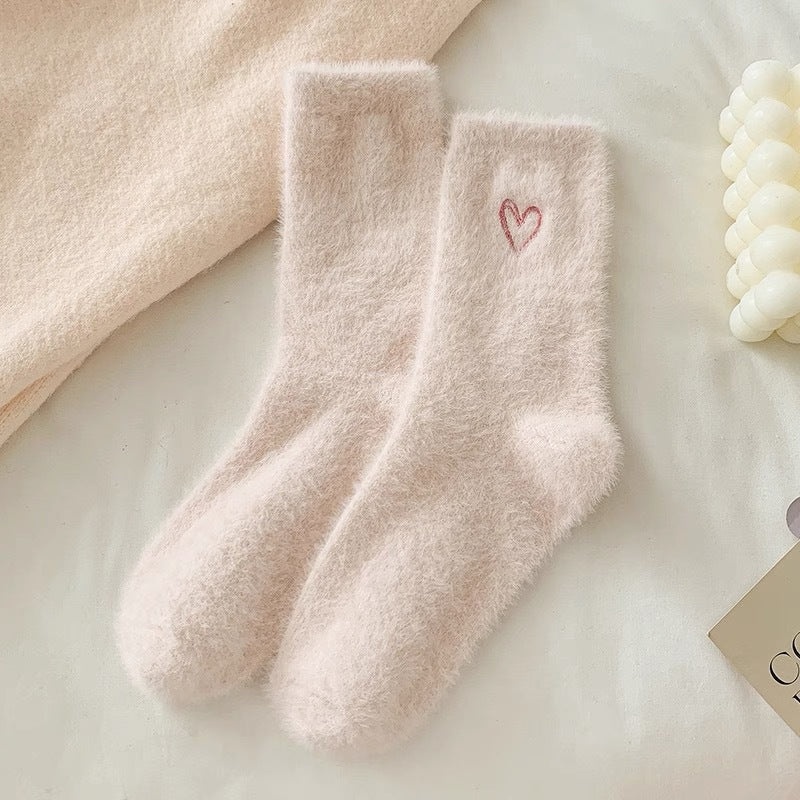 Cute Heart Embroidery Fuzzy Plush Socks