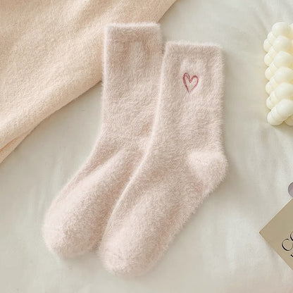 Cute Heart Embroidery Fuzzy Plush Socks