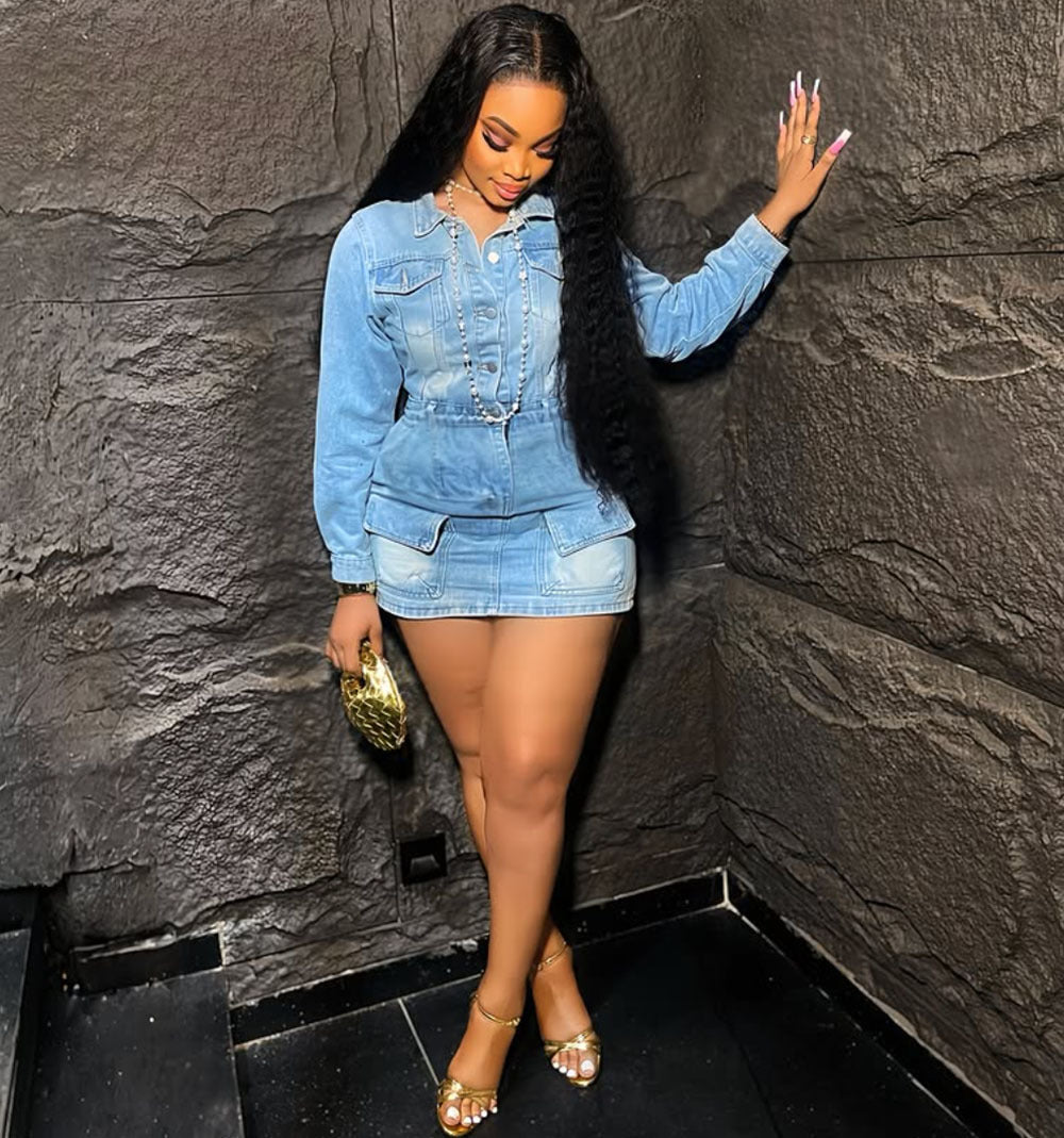 Elastic Denim Dress With Pockets Stylish Casual Mini Dress
