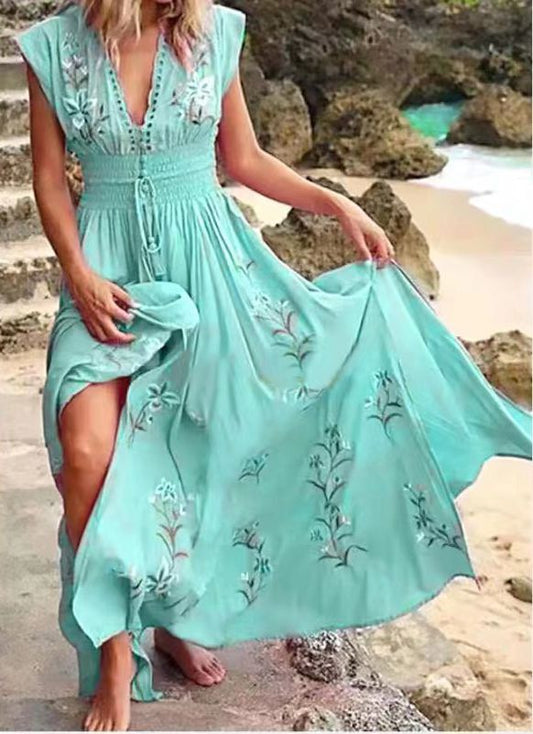 Women'S V-Neck Sexy French Beach Boho Print Dress