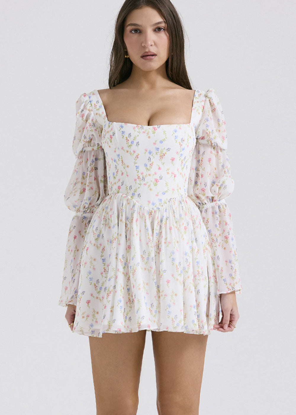 Floral Chiffon Mini Dress With Puff Sleeves