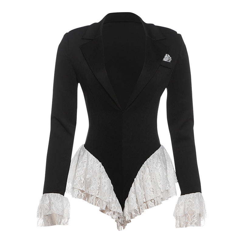 Deep V-Neck Lace Trimmed Long Sleeve Jumpsuit