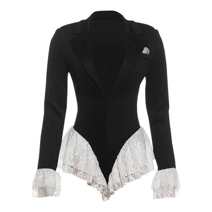 Deep V-Neck Lace Trimmed Long Sleeve Jumpsuit