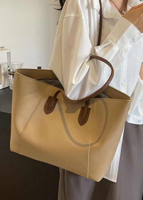 Two Tone PU Leather Tote Bag With Long Straps