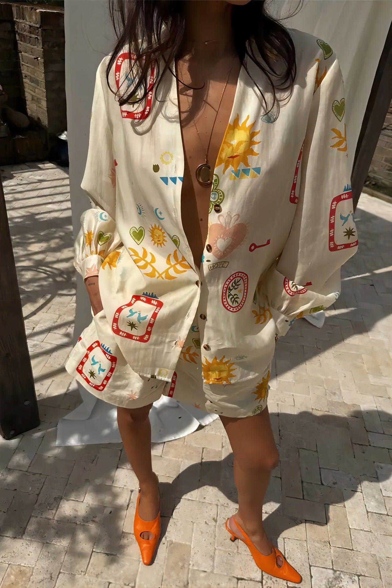 Fashion Print Linen Casual Cardigan Shorts Set