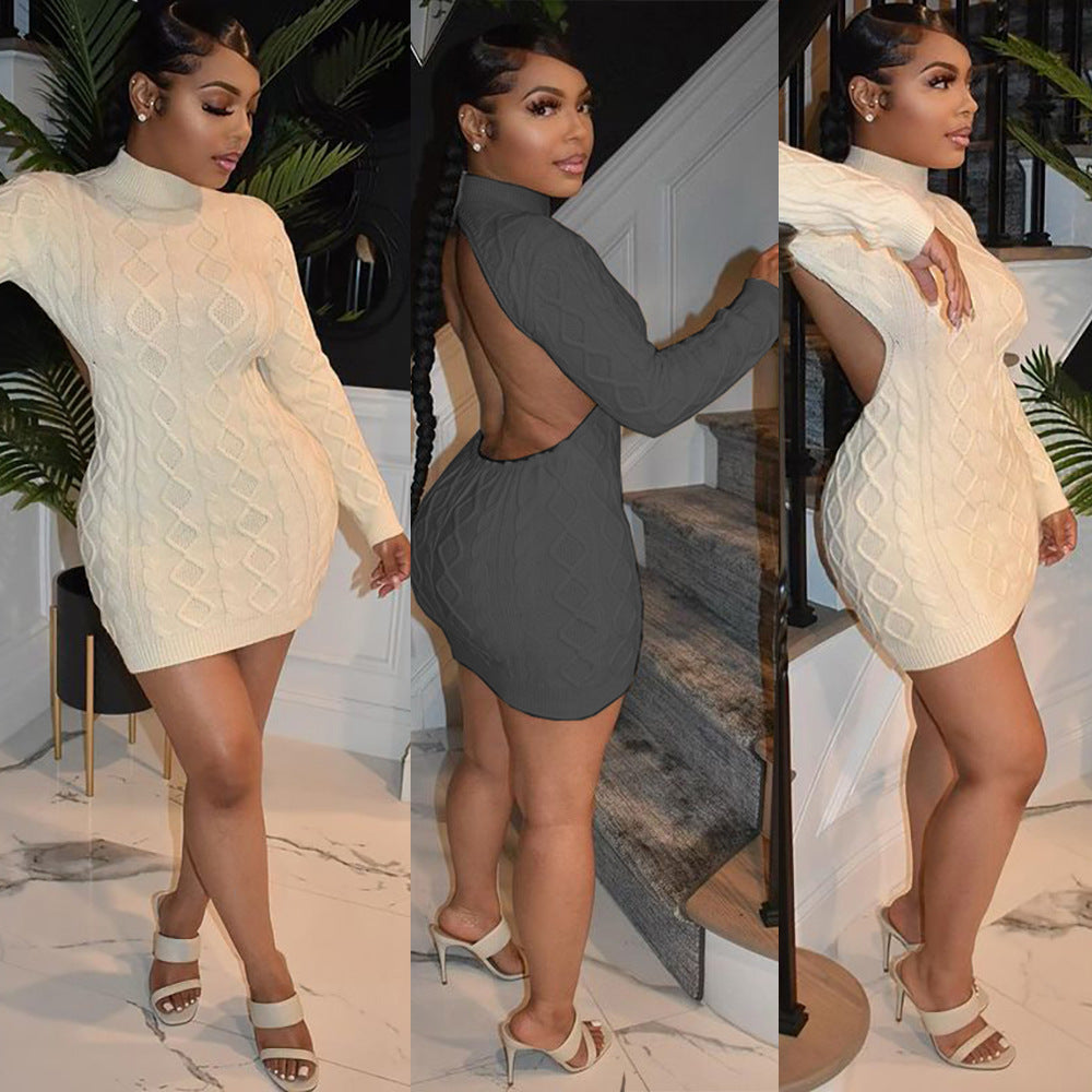 Backless Long Sleeve Knit Dress Trendy Casual Gray Color