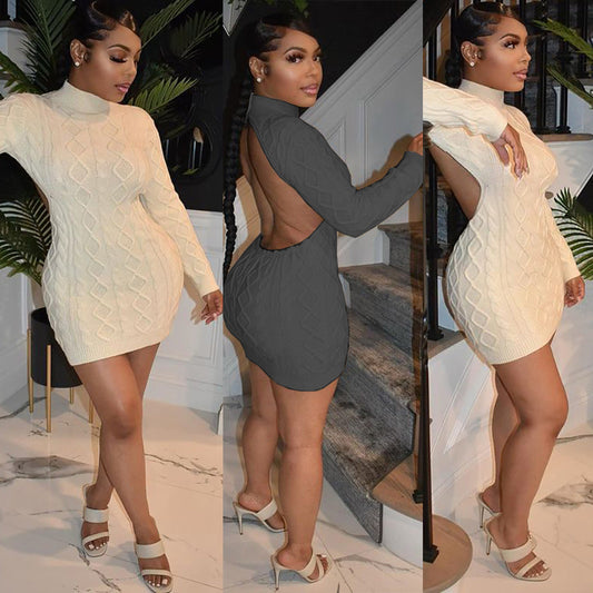 Backless Long Sleeve Knit Dress Trendy Casual Gray Color
