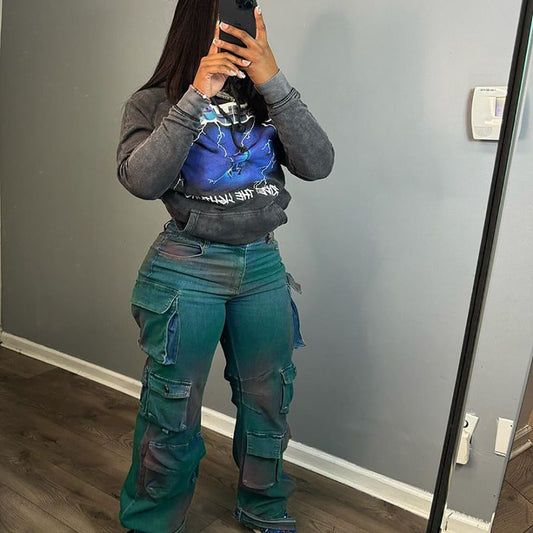 Trendy High-Waist Tie-Dye Denim Cargo Pants