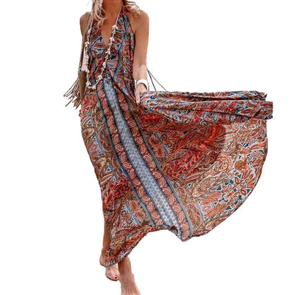 Printed Neck V-Neck Bohemian Dress