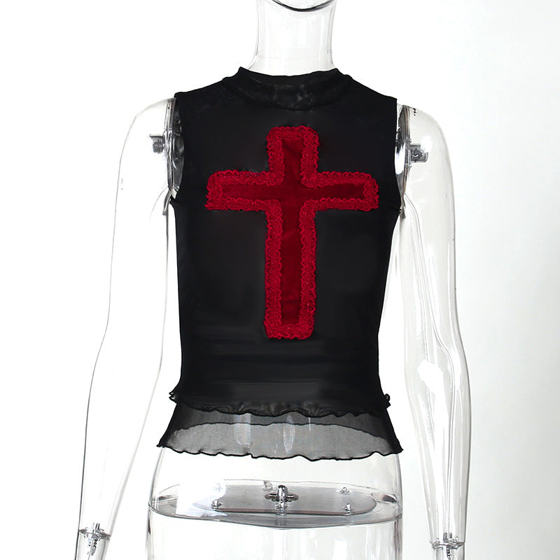 Trendy Cross Design Sleeveless Vest Top Casual Streetwear