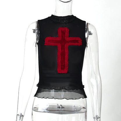 Trendy Cross Design Sleeveless Vest Top Casual Streetwear