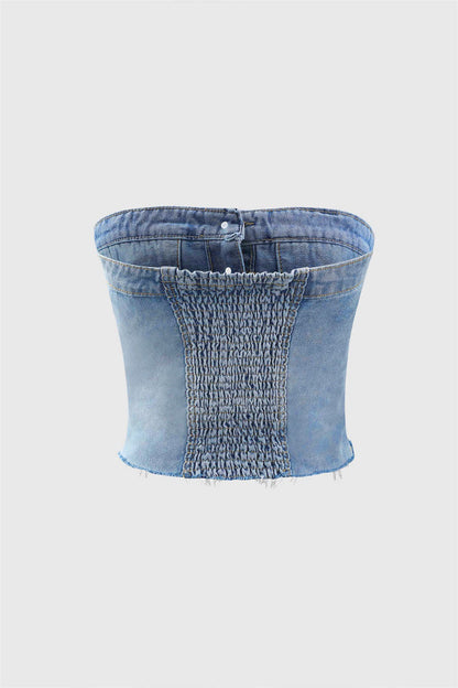 Button Down Strapless Denim Tube Tops