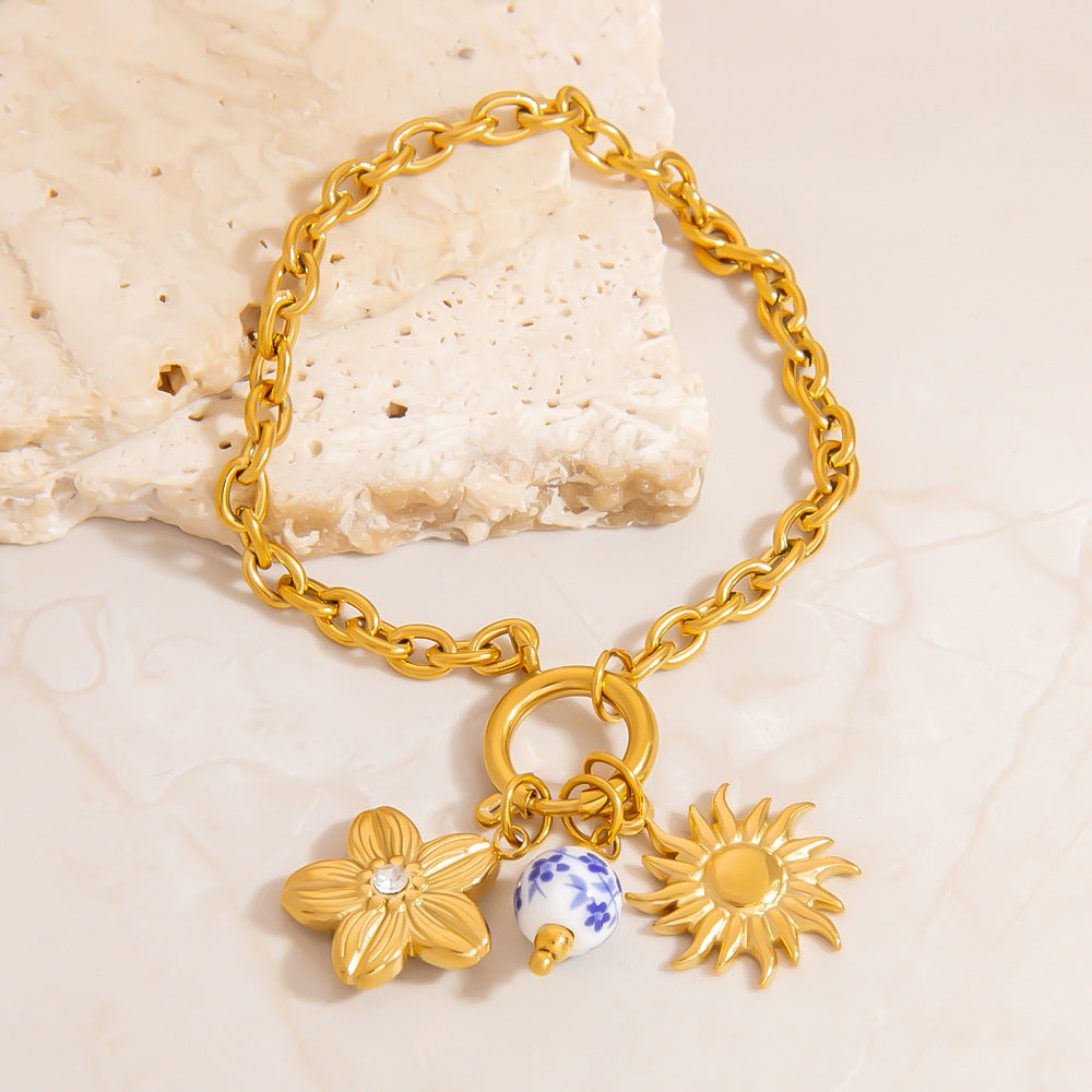 Floral Pendant Stainless Steel Bracelet for Women