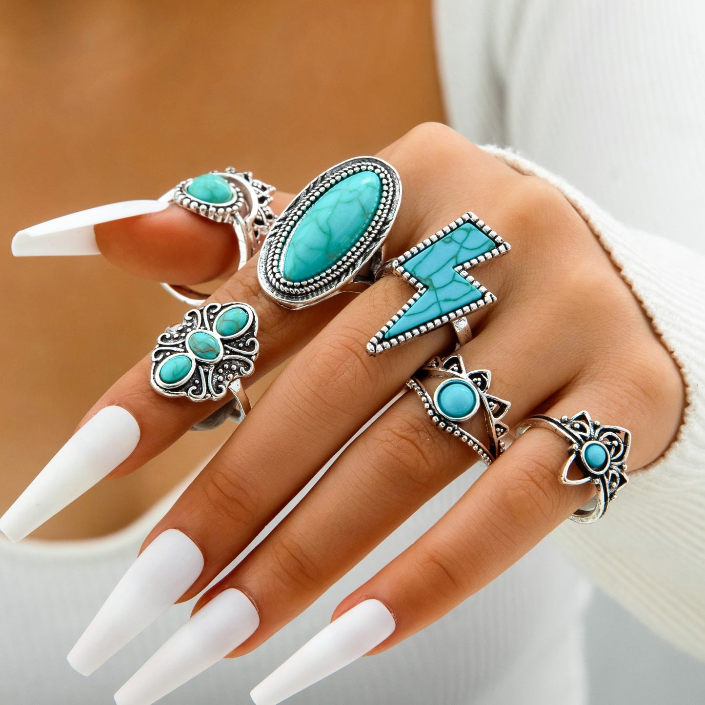 Bohemian Style Carved Feather Turquoise Ring Set
