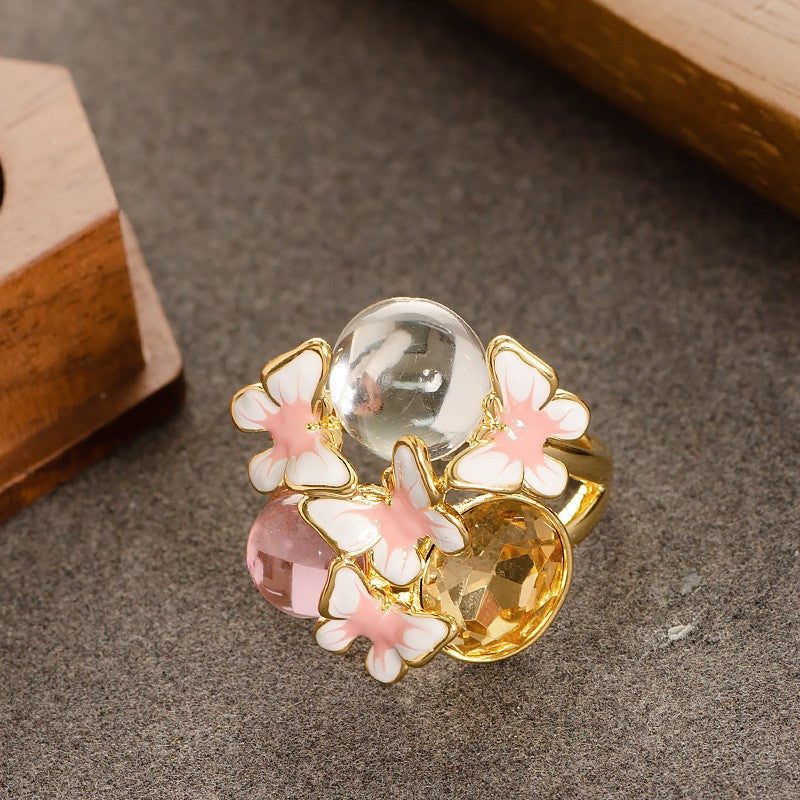 Elegant Floral Adjustable Open Ring With Zirconium For Women