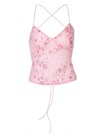 Floral Sequined Tie Back Crop Top
