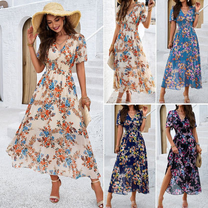 Floral Print Waist-Defining Short Sleeve Dress