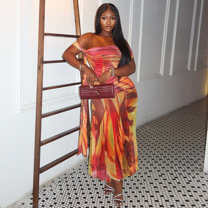 Casual Abstract Print Tube Maxi Dress