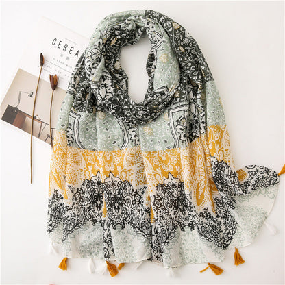 Japanese Literary And Artistic Fresh Cotton And Linen Scarf Retro Patchwork Bohemian Cashew Print Silk Scarf Beautiful Sunscreen Scarf