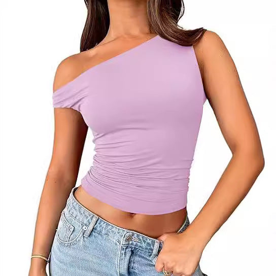 One Shoulder Solid Colot Short Top