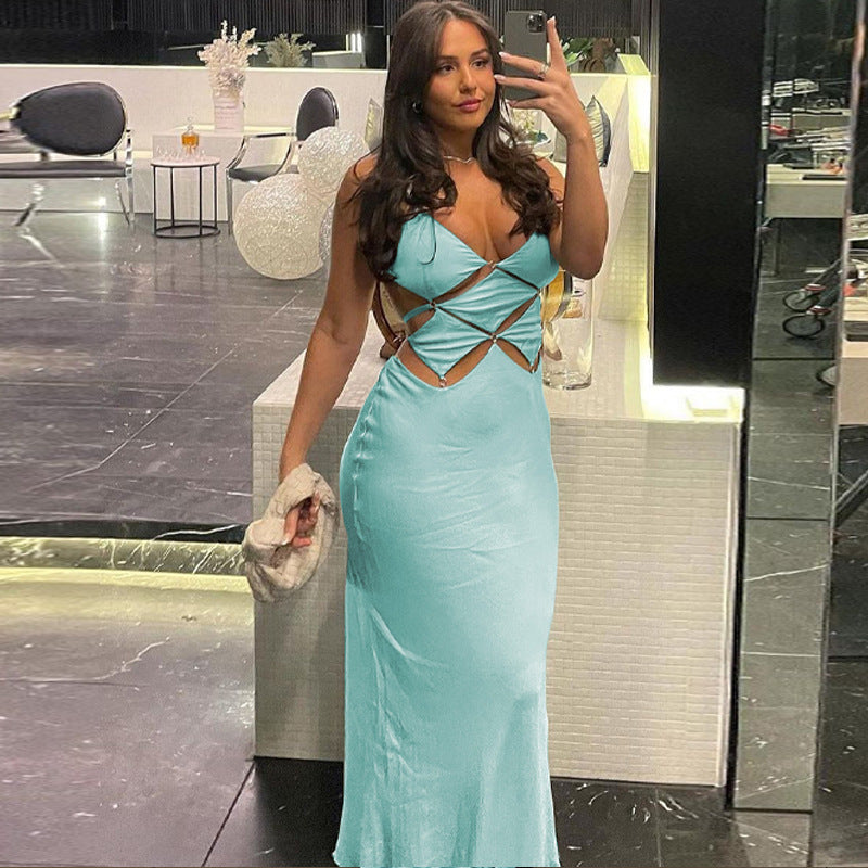 Slim Fit Solid Color Backless Cami Maxi Dress