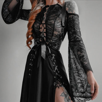 Sheer Lace-Up Top with Bell Sleeves for Trendy Style