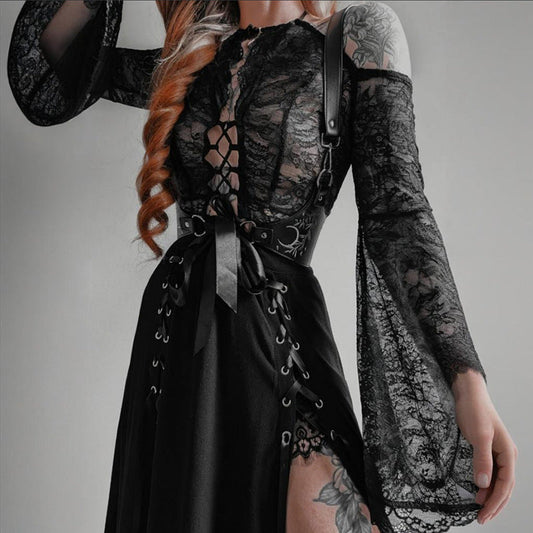 Sheer Lace-Up Top with Bell Sleeves for Trendy Style