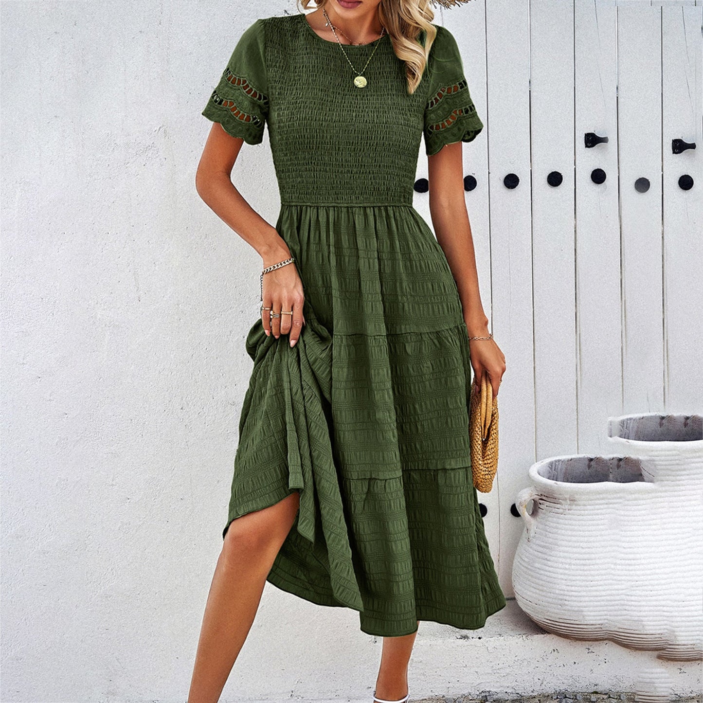 Casual Solid Color A-Line Dress with Short Sleeves