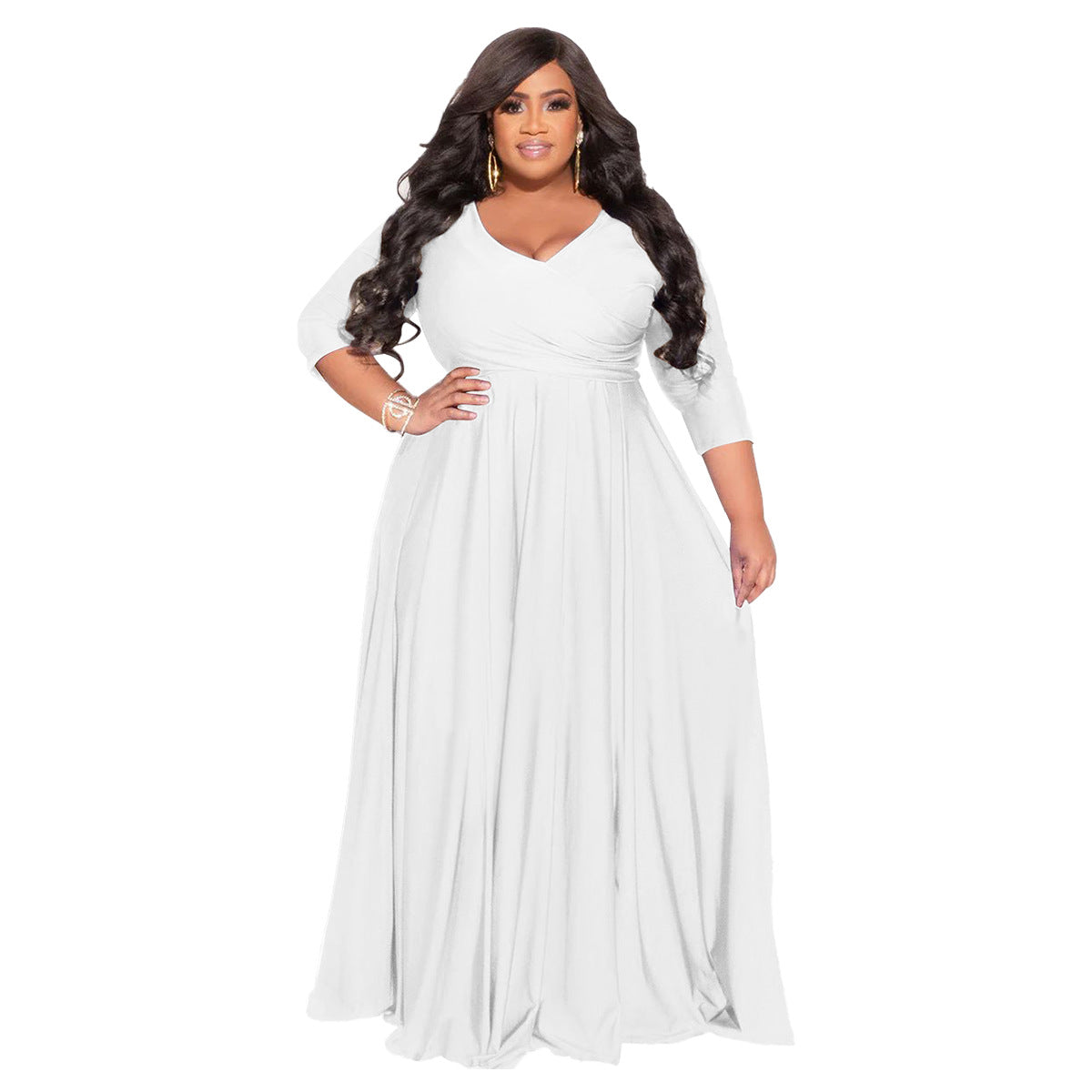 Plus Size Solid Color V-Neck Elegant Long Dress