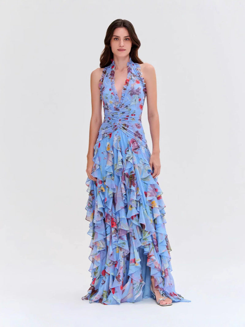 Elegant Floral Ruffle Waist Midi Dress