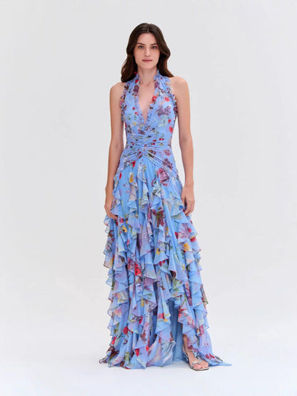 Elegant Floral Ruffle Waist Midi Dress