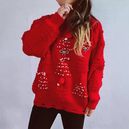 Solid Color Crew Neck Pearl Christmas Sweater