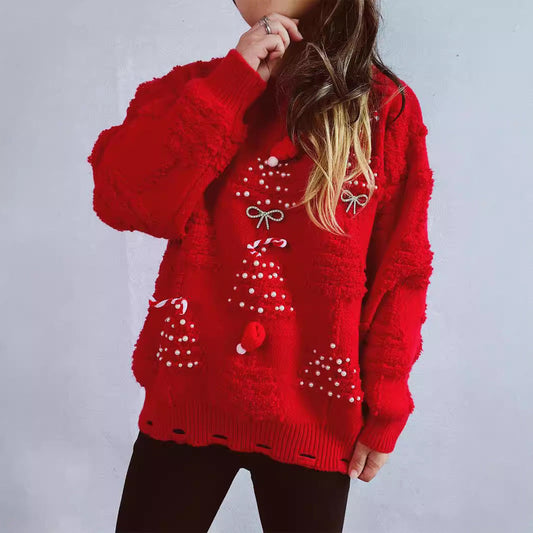Solid Color Crew Neck Pearl Christmas Sweater