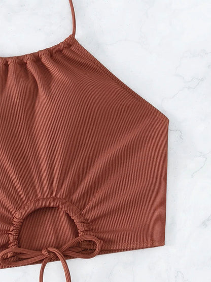 2PCS Solid Color Halter Drawstring Swimwear