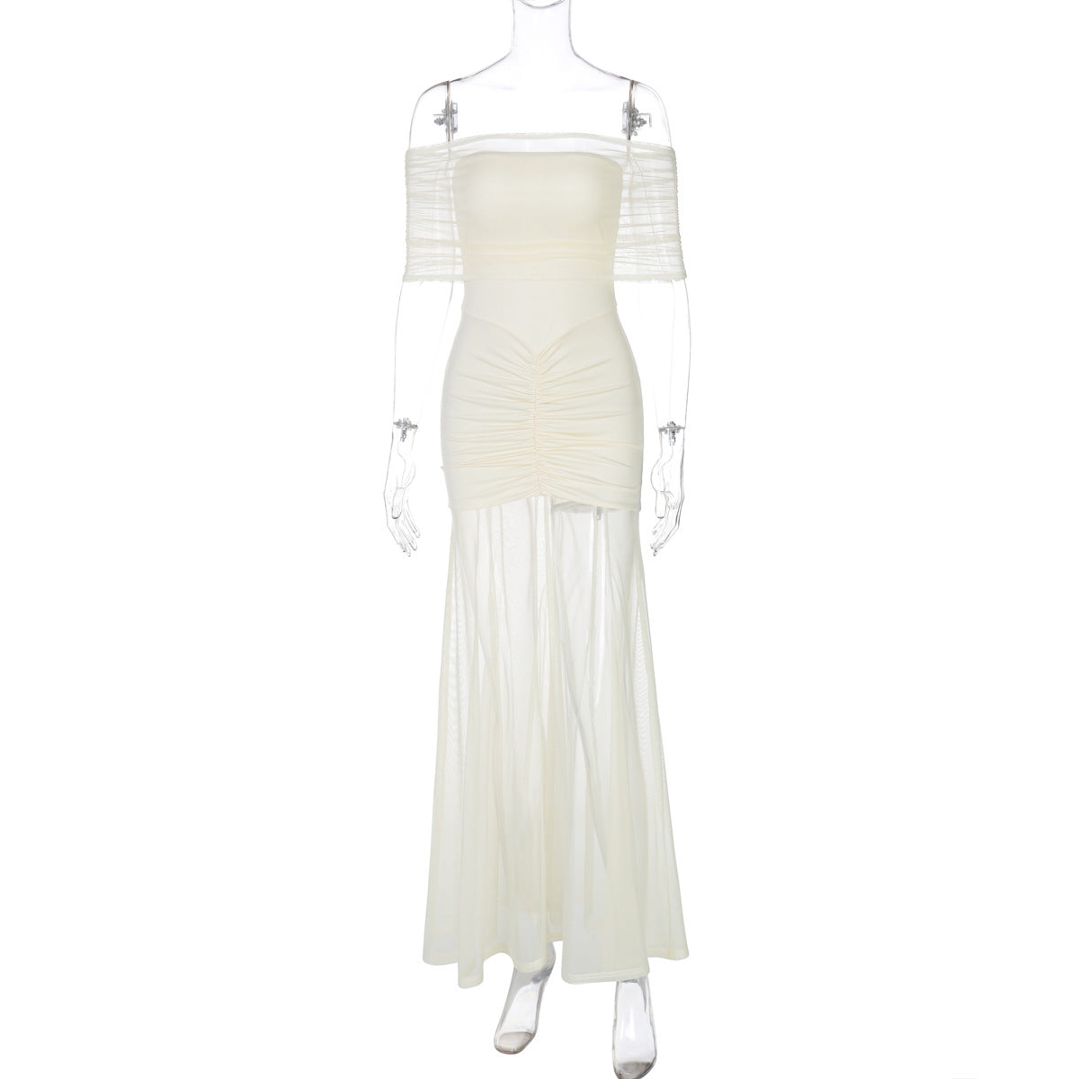 Off-Shoulder Ruched Sheer Panel Party Dress