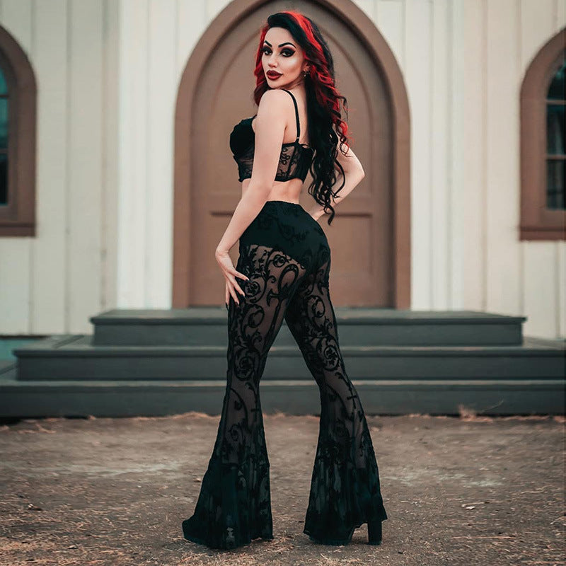 Bohemian Style High-Waisted Sheer Bell Bottom Pants