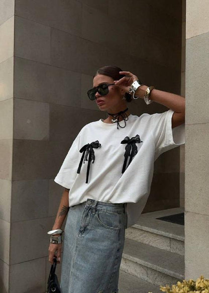 Oversized Cotton T Shirt With Lace Bow Details