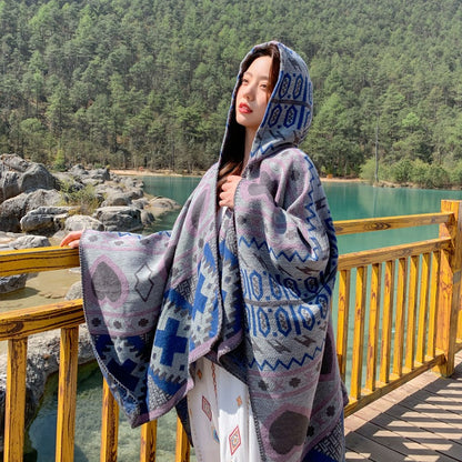 Tibetan Ethnic Shawl Women'S Autumn Hooded Cloak Air-Conditioned Room Warm Cloak Scarf