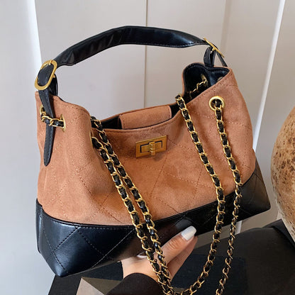Large Capacity Color Block Retro Suede Shoulder Bag