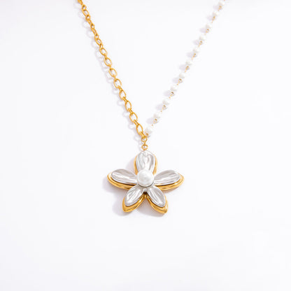 Geometric Pearl Pendant Necklace Stainless Steel 18K Gold Layered Design