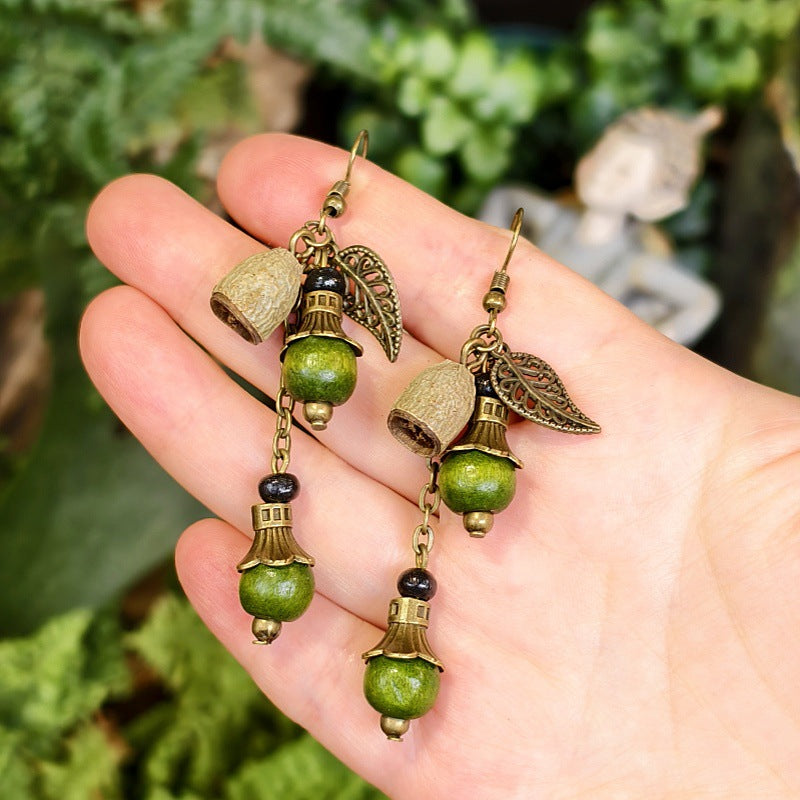 Bohemian Floral-Inspired Alloy Earrings with Unique Wood Bead Design