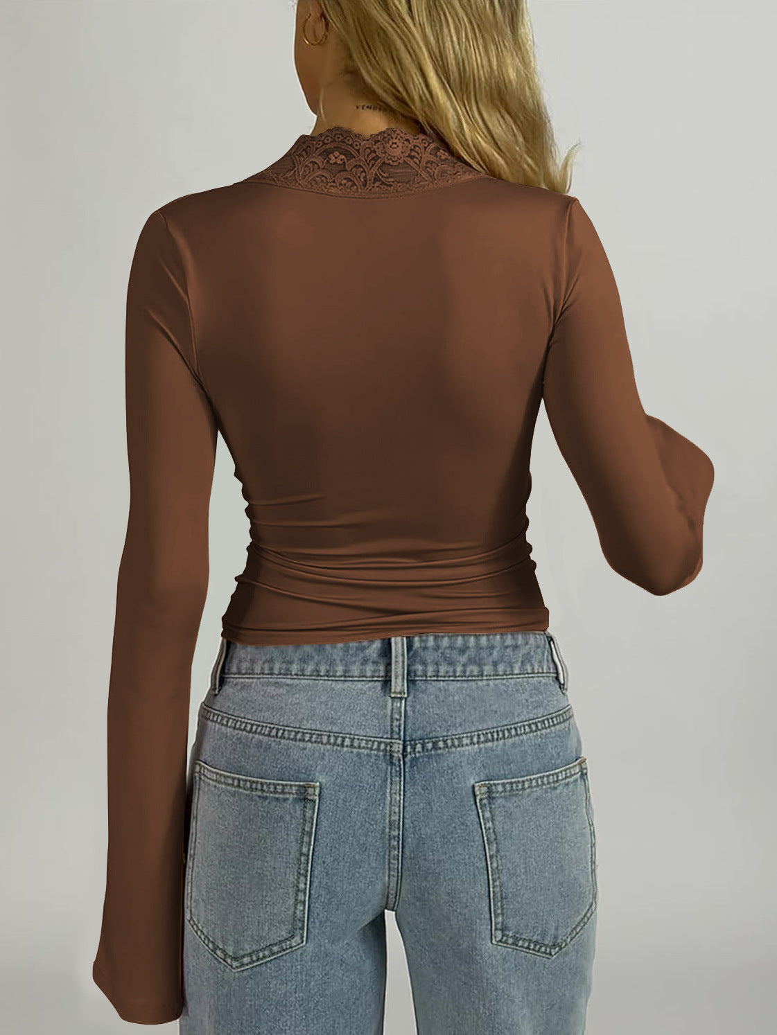 V-Neck Lace Trim Long Sleeve Top Sexy Slim Fit Street Style