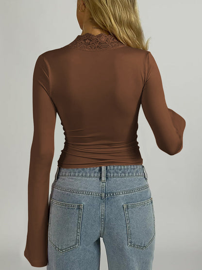 V-Neck Lace Trim Long Sleeve Top Sexy Slim Fit Street Style