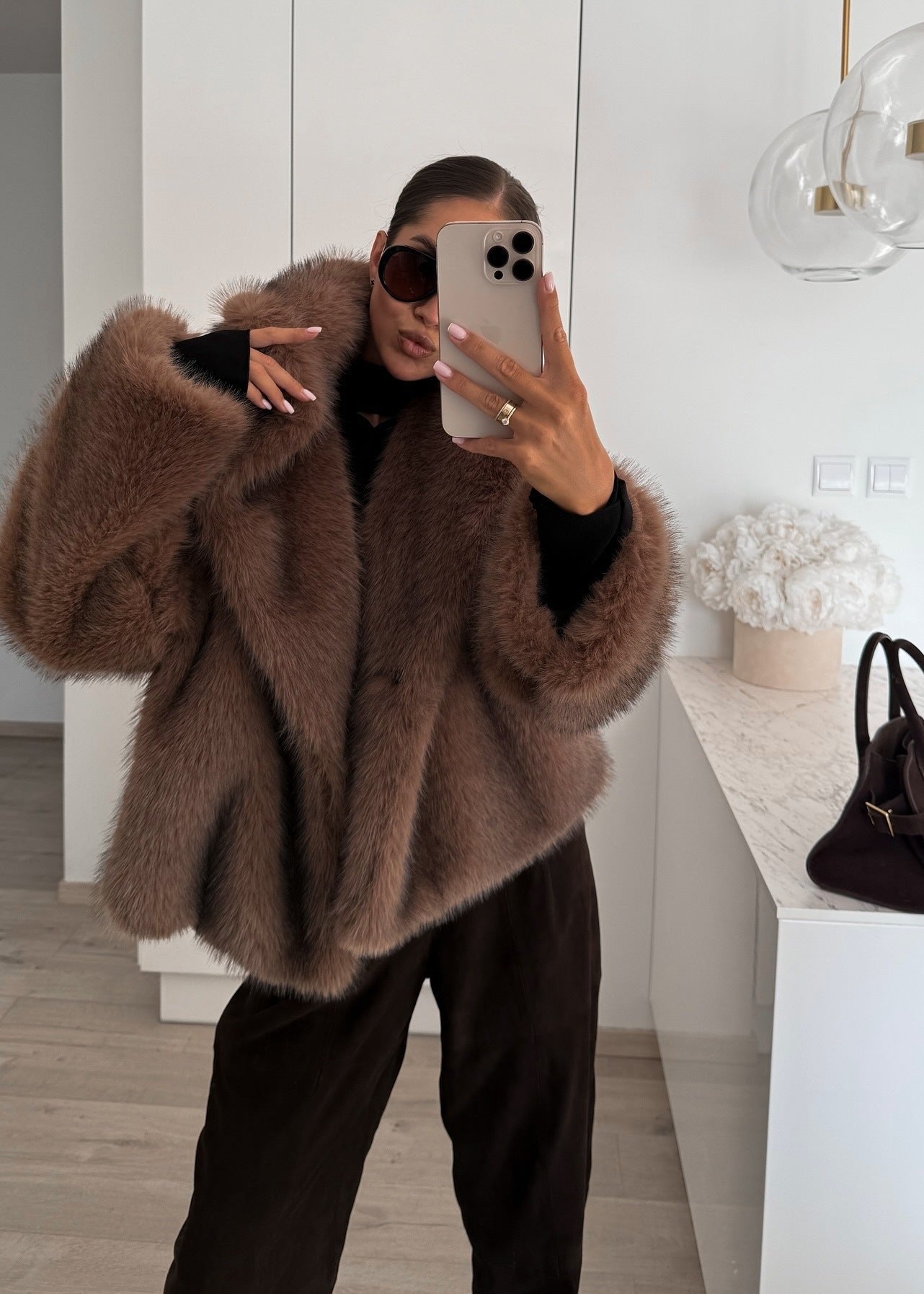 Faux Fur Jacket Plush Brown Oversized Fit