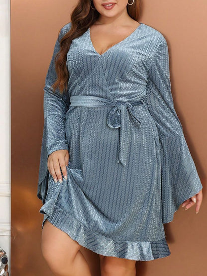 Plus Size V-Neck Flared Sleeve Dress Elegant Casual Short Dress